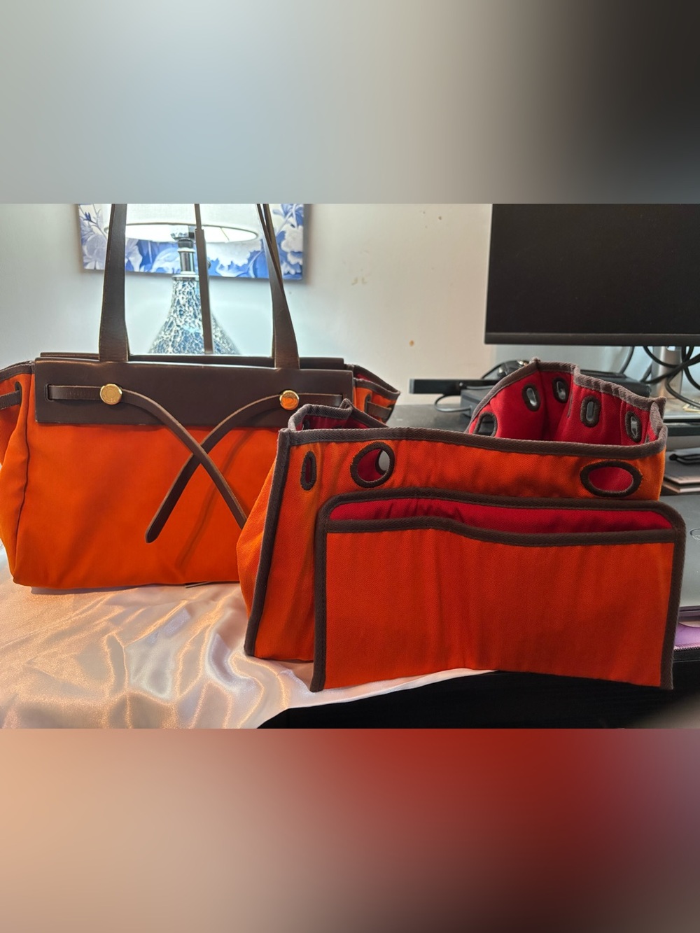 Authentic Vintage Hermès Herbag Cabas PM 2-in-1 Canvas Tote Set